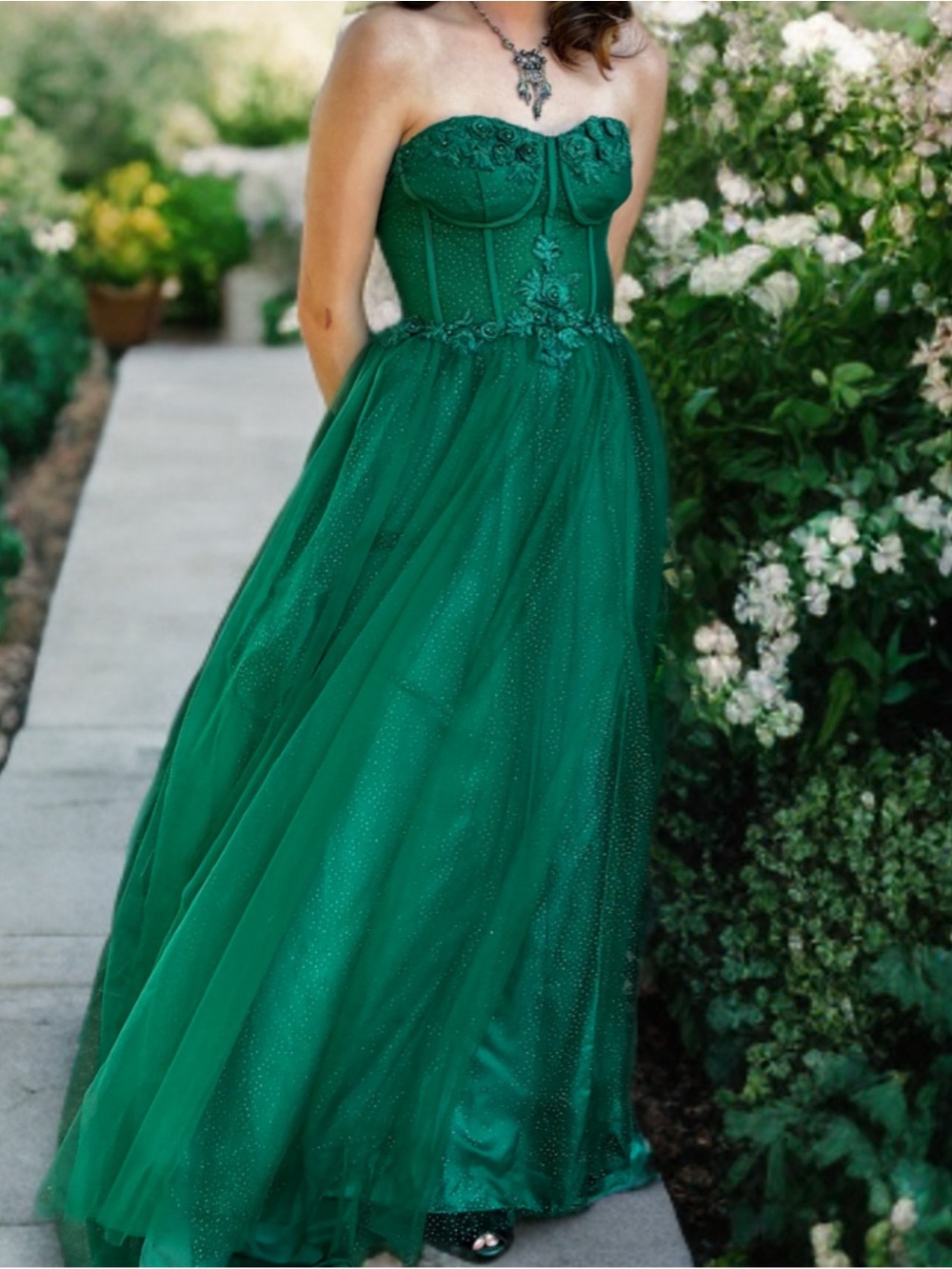 Strapless Emerald Green Evening Dress with Corset Bodice